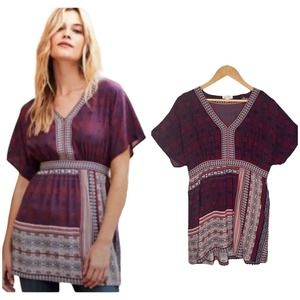 Garnet Hill 100% Slik Boho V Neck Dolman Short Sleeves Tunic Red Blue 8